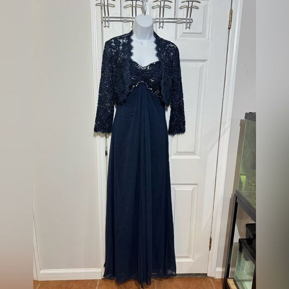 Tadashi Collection Silk Beaded Ruched Long Evening Gown Navy Blue dress Size 6 - Picture 2 of 16